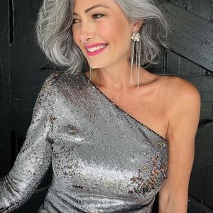 MAJE Metallic Reversible Sequin One shoulder Top